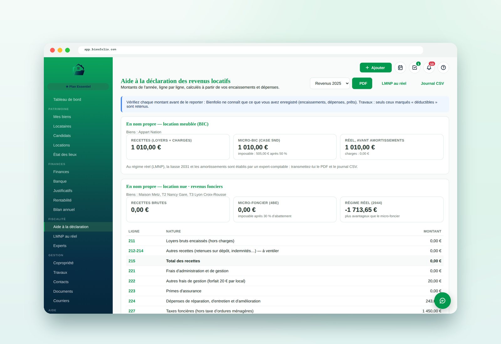 Aide à la déclaration dans Bienfolio